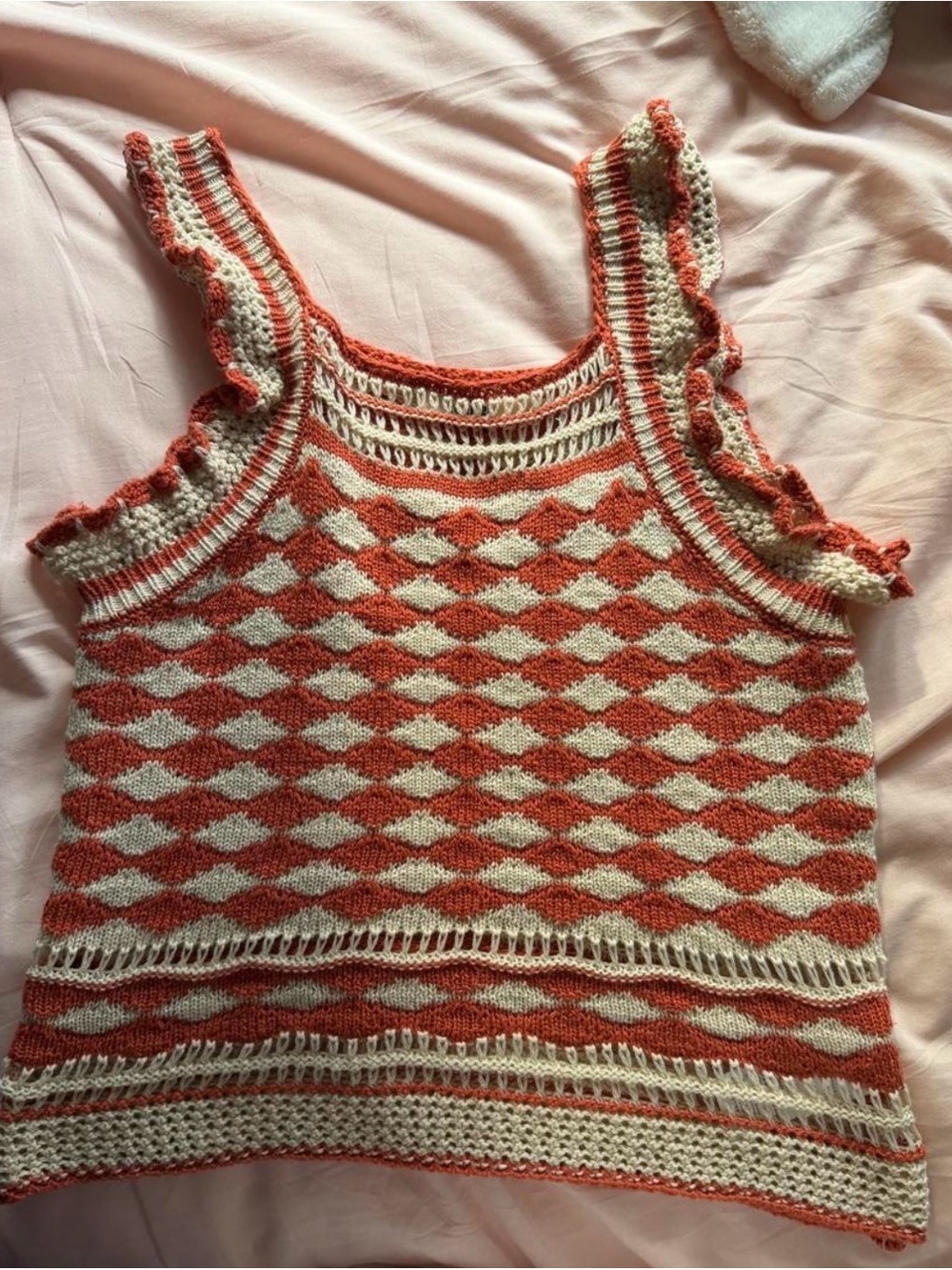 Crochet Diamond Tank Top in Coral and Cream